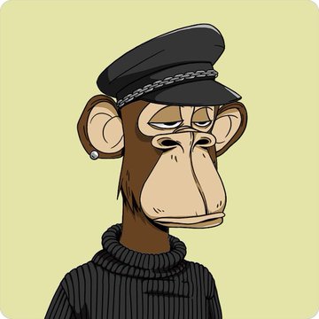 A cartoon illustration of a bored-looking monkey character wearing a black cap with a chain detail and a black turtleneck sweater against a pale yellow background.