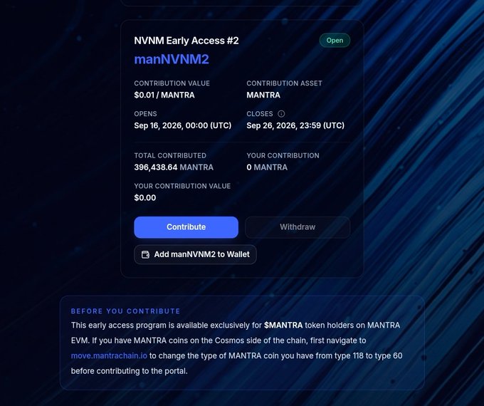 A cryptocurrency interface showing 'NVNM Early Access #2' for manNVNM2, with contribution details in MANTRA token, opening Sep 16, 2026.