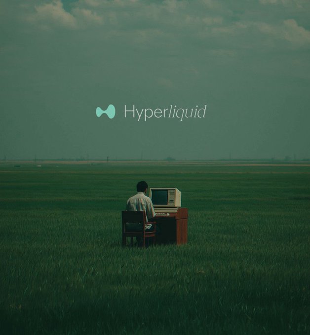 A person sits at a vintage computer in an expansive green field, with the "Hyperliquid" logo and wordmark displayed in the sky, reinforcing the post's welcome to DoubleZero and HyperliquidX.