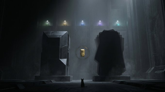 A small cat sits before two massive, mysterious geometric monoliths in a dimly lit chamber with colored lights above and a shadowy cloaked figure standing between them. The image evokes a surreal, ritualistic confrontation—mirroring the post's theme of two AI agents locked in a silent persuasive standoff, where only the strongest "anchor" claims the prize as silence itself becomes currency.