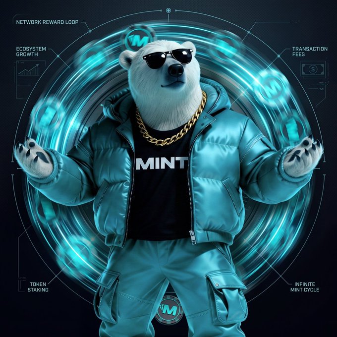 A digital artwork of a polar bear wearing sunglasses, a gold chain, and a teal puffer jacket with a 'MINT' shirt, surrounded by holographic crypto graphics labeled 'NETWORK REWARD LOOP', 'ECOSYSTEM GROWTH', 'TRANSACTION FEES', 'TOKEN STAKING', and 'INFINITE MINT CYCLE'.
