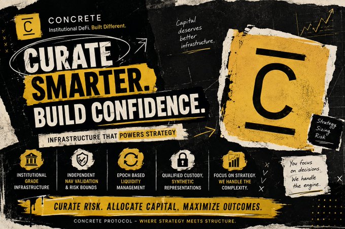 A promotional graphic for 'CONCRETE - Institutional DeFi. Built Different.' features the slogan 'CURATE SMARTER. BUILD CONFIDENCE.' and 'INFRASTRUCTURE THAT POWERS STRATEGY' with various feature icons.