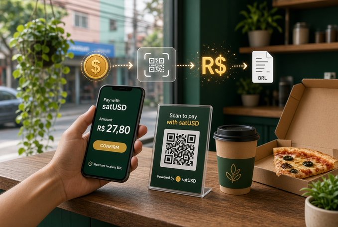 A promotional image showing a person using a smartphone to pay with satUSD, featuring a QR code scan process on a wooden table next to a coffee cup and a slice of pizza.