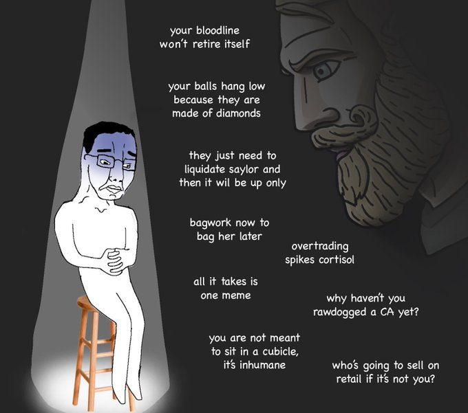 The image features an illustration of a man sitting on a stool, with his head turned towards another person who appears to be a cartoon character or a meme. The caption below the image reads "your bloodline won't retire itself".