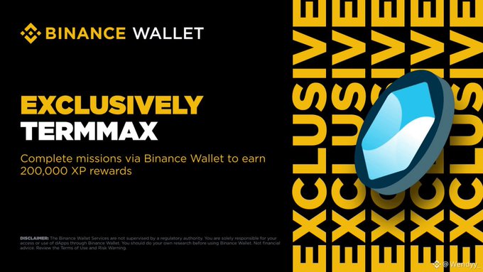 A promotional graphic for Binance Wallet featuring 'EXCLUSIVELY TERMAX' with text about completing missions to earn 200,000 XP rewards, displayed alongside an XCLUSIV pattern on a black and yellow background.