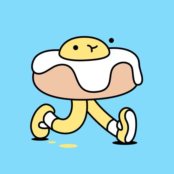 A simple cartoon drawing of a character with a fried egg for a head, wearing white shorts and yellow shoes, walking against a light blue background.