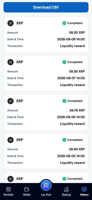 A mobile app interface displays a history of completed XRP liquidity rewards, showing transactions of 58.92, 58.56, 58.78, and 58.69 XRP dated 2026-08-08 through 2026-08-05, aligning with the post's emphasis on consistent, trackable daily XRP earnings within the FortisX platform.