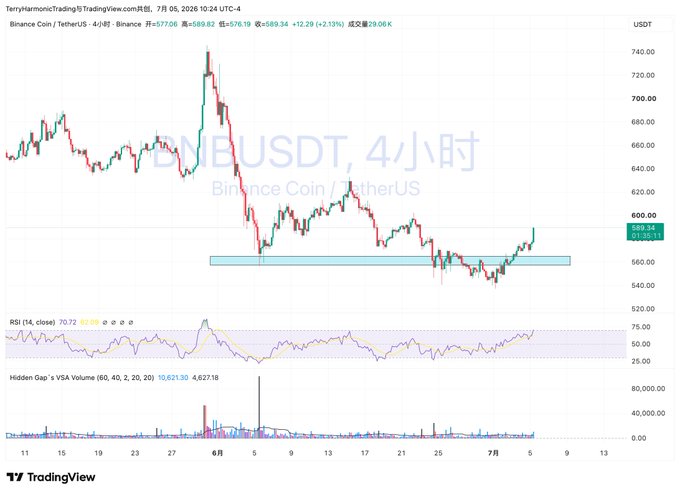 TradingView chart showing BNB/USDT (Binance Coin / TetherUS) on a 4-hour timeframe, displaying a price of 589.94 USDT, up 2.13%, with RSI (14) at 70.72 and a Hidden Gap + VSA Volume indicator.