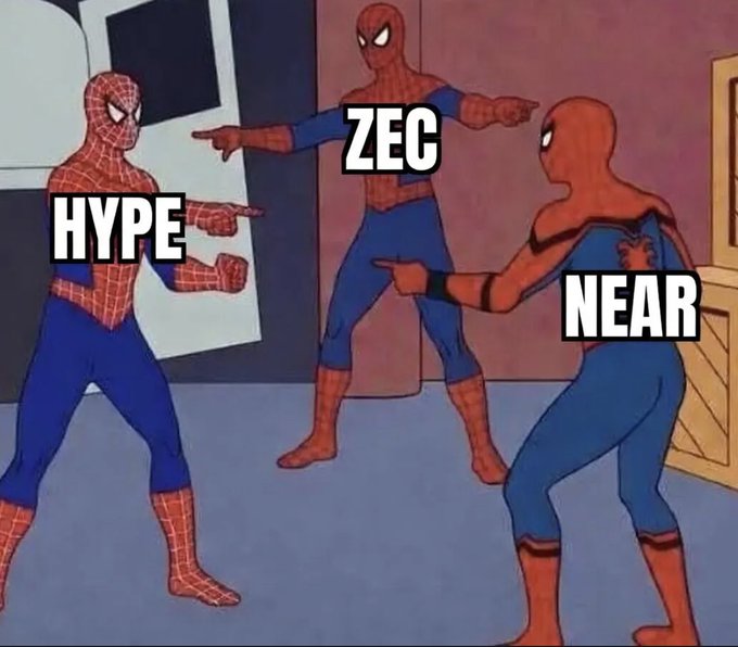 ers cartoon characters, including Spiderman and Zec, point at each other with the text "HYPE Near", "ZEC", and "Near" above them.