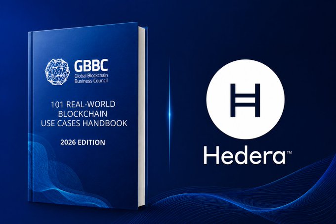 The image features a blue book titled "101 Real-World Blockchain Use Cases Handbook" with a white logo for Hedera, which is a company specializing in blockchain technology. The book cover displays the title of the book and the name of the company behind it. The background of the image has a dark blue color, creating a contrast that makes the book cover stand out.
