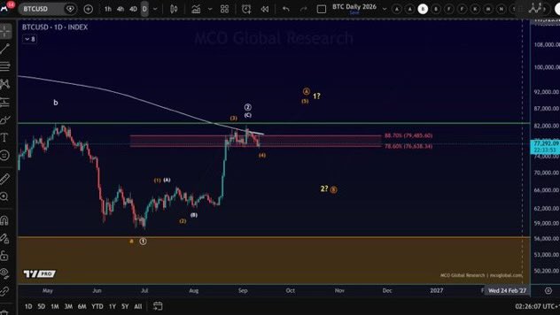 A Bitcoin daily price chart from TradingView showing BTCUSD on INDEX with Elliott Wave analysis markings, Fibonacci retracement levels (88.70% at 79,483.60 and 78.60% at 78,928.34), and current price around $77,209.