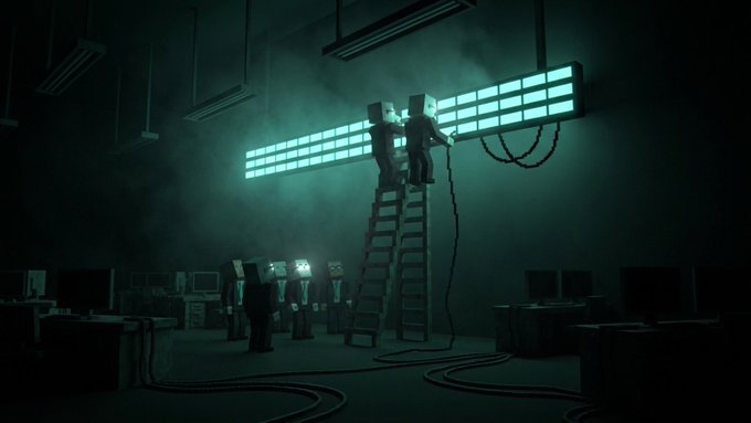 Two silhouetted figures stand atop a ladder in a dim, teal-lit server room, reaching toward glowing horizontal light panels, with CRT monitors and arcade cabinets faintly visible below—evoking the secretive, pre-launch atmosphere of the $HPBRK broker token hype.