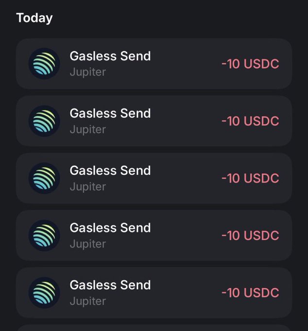 A transaction history showing five "Gasless Send" transfers via Jupiter, each deducting 10 USDC today. This serves as proof of the giveaway, visually confirming the host sent $10 to five randomly selected winners by sharing their on-chain activity.