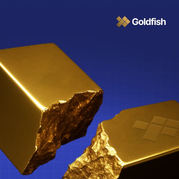 A promotional graphic for 'Goldfish' featuring two gold bars against a dark blue grid background, with the Goldfish logo in the upper right.