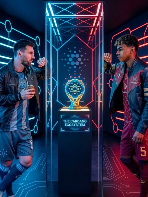 Two competitive athletes stand on opposite sides of a glowing display case in a futuristic arena, facing each other with raised fists and game controllers, while a holographic trophy sits atop a pedestal labeled "THE CARDANO ECOSYSTEM" between them, symbolizing competition or comparison within the Cardano ($ADA) blockchain space.