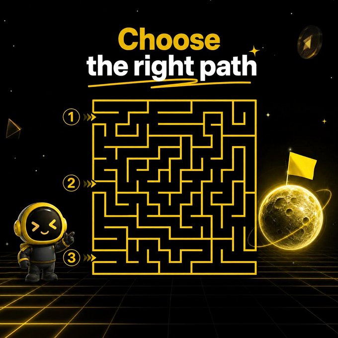 A glowing yellow maze puzzle on a starry black background prompts "Choose the right path" with three numbered entry points (1, 2, 3) and a goal flag planted on a golden moon, while a smiling astronaut mascot points toward option 3, illustrating the #WEEXQuiz Round 12 giveaway challenge where participants must select the correct route.