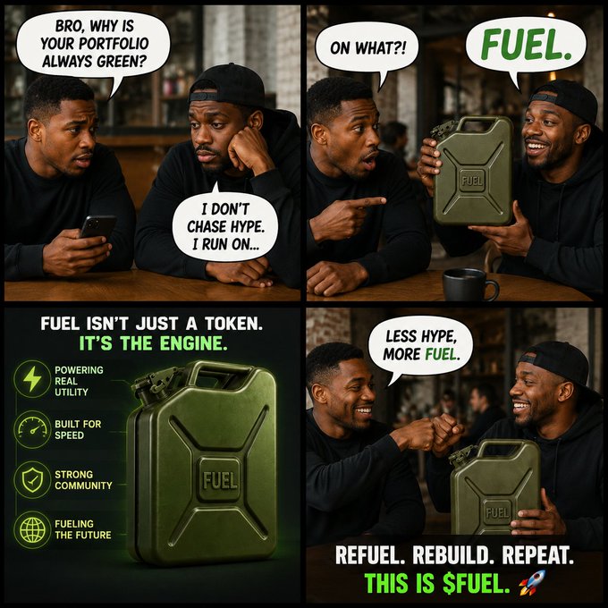 A four-panel comic shows two men discussing crypto portfolios, with one revealing he "runs on FUEL" and presenting a green jerrycan labeled "FUEL," culminating in text promoting $FUEL as "the engine" powering real utility, speed, community, and the future, alongside the tagline "REFUEL. REBUILD. REPEAT. THIS IS $FUEL." The image visually reinforces the post's message about prioritizing substance over hype in crypto investing.