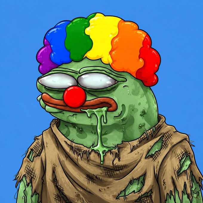 A grotesque, decaying clown with a rainbow wig, red nose, and slime dripping from its mouth stares blankly while wearing a tattered brown robe, embodying the undead horror theme of the "HONKT NFT" collection referenced in the caption.