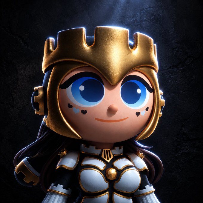 A 3D rendered character with large blue eyes wearing a golden crown and dark armored outfit, with a small smile and heart-shaped markings under its eyes.
