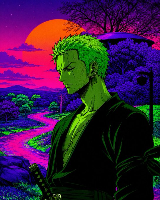 A vibrant anime-style illustration of a green-haired man with earrings in a black kimono, set against a neon sunset with purple mountains and a Japanese-style lantern.
