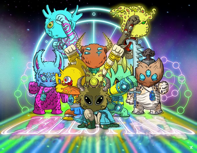 Colorful digital illustration featuring a group of fantasy creature characters in an otherworldly cosmic setting with glowing neon lights and the text 'CHIPSU' on the floor.