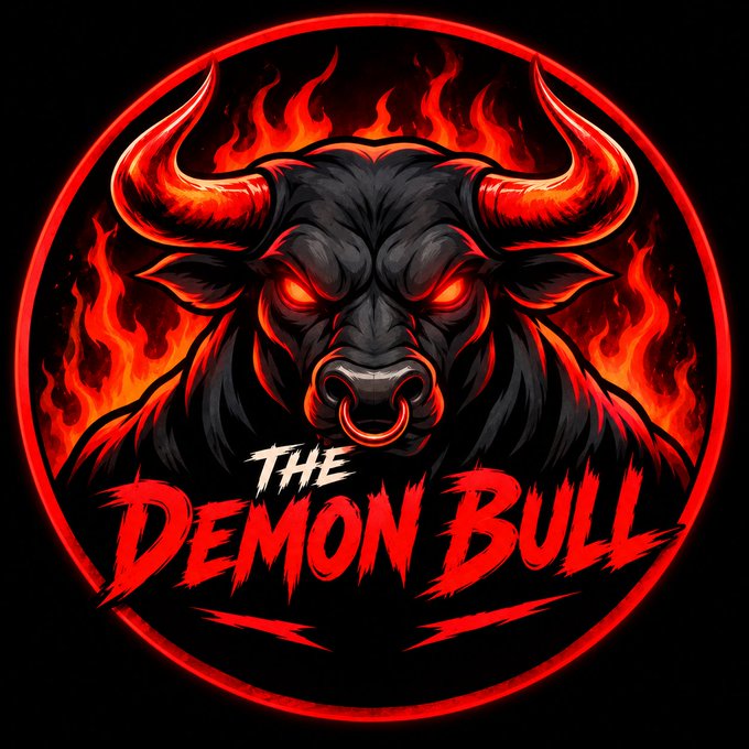 A stylized logo featuring a black demon bull with glowing red eyes and nose ring surrounded by flames in a red circle, with text 'THE DEMON BULL'.