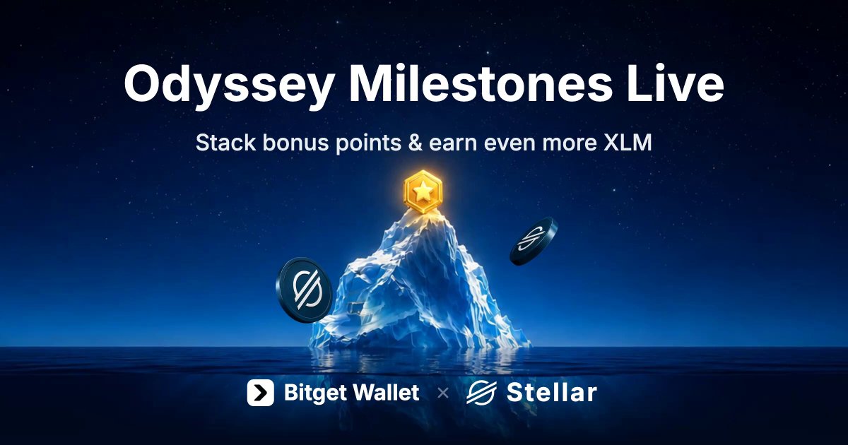 The image features a blue sky with stars, an iceberg floating in the water below, and a banner that says "Odyssey Milestones Live" at the top. Below this, there are three coins floating in space, one of which is a golden coin. The text on the banner reads "STELLAR @BETIG wallet".