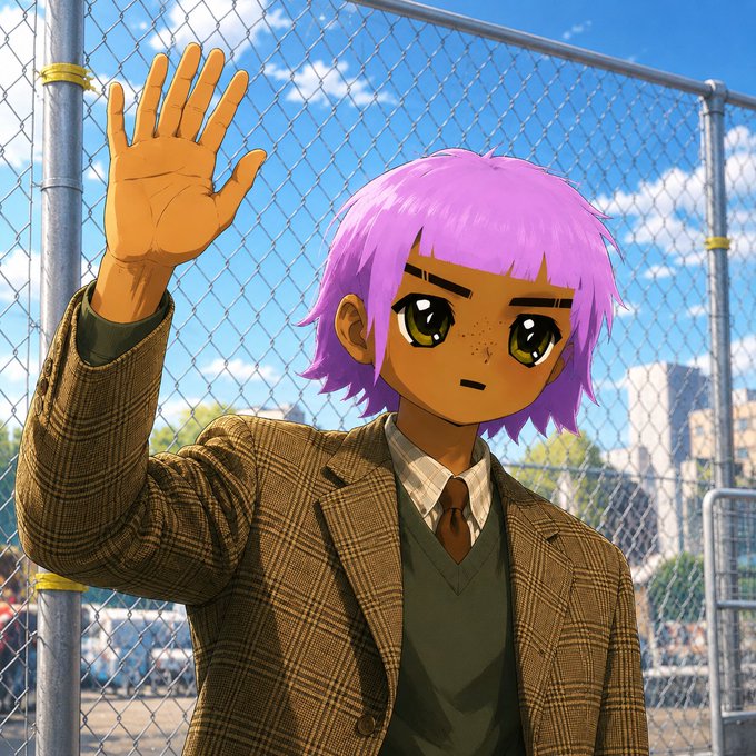 An anime-style illustration shows a character with short purple hair and freckles, wearing a brown plaid blazer, green vest, and tie, waving one hand while standing in front of a chain-link fence.