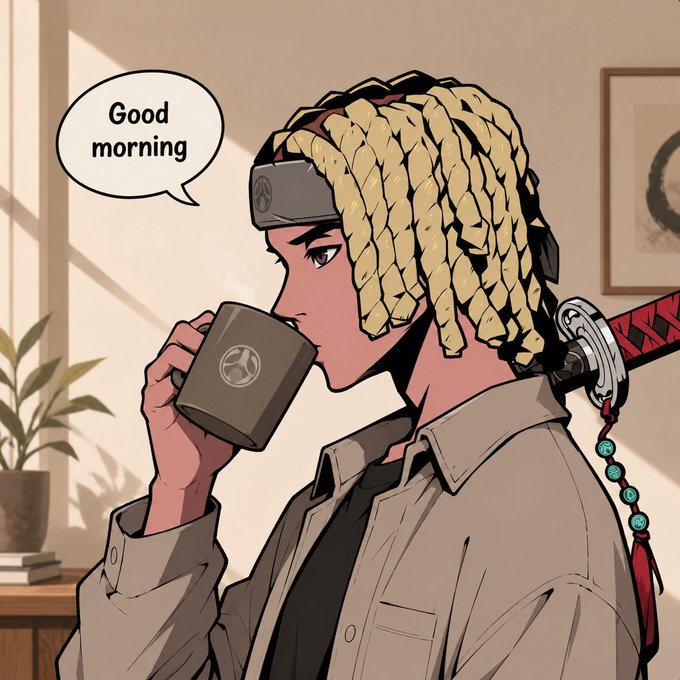 An anime-style illustration of a young man with long blonde dreadlocks, a headband, and a sword on his back, drinking from a mug with a speech bubble saying 'Good morning'.