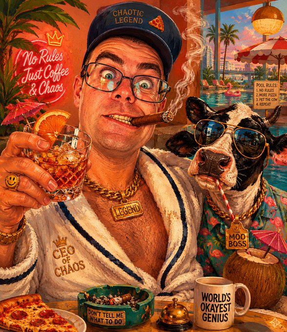 The image features a man wearing glasses, a hat, and a robe with a cow on his lapel. He has a glass of wine in front of him and is smoking a cigar while holding a cup of coffee. The background shows an ocean scene with palm trees and other elements typical of beach settings. The post that accompanies the image reads: "No rules just coffee & chaos".