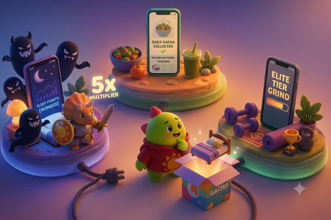 A 3D-rendered promotional graphic for a fitness/gacha app featuring a green character in red workout gear pulling a dumbbell from a 'GACHA' box, surrounded by phones displaying 'DAILY GACHA COLLECTED', 'SLEEP POINTS', 'ELITE TIER GRIND', and a '5X MULTIPLIER' badge.