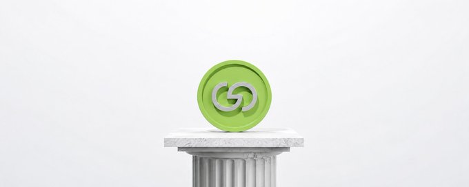A bright green circular token with a stylized white “G” logo rests atop a white classical column against a light background. It visually supports the post’s message about GRVT’s Grvt Earn feature, where eligible balances can earn yield while being used as trading margin.