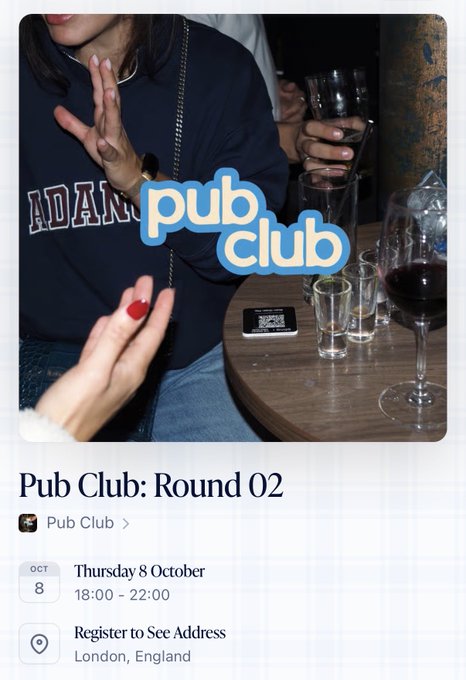 A promotional poster for 'Pub Club: Round 02' featuring an image of people socializing with drinks, scheduled for Thursday 8 October from 18:00 - 22:00 in London, England.