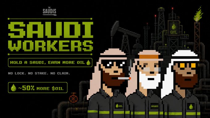 Pixel-art image titled "SAUDI WORKERS" promoting the $SAUDIS token, featuring three characters in traditional keffiyeh attire labeled "OIL," "SAUDIS," and a flame icon, set against an industrial oil rig backdrop. The text reads "HOLD A SAUDI, EARN MORE OIL," "NO LOCK. NO STAKE. NO CLAIM," and "~50% MORE $OIL," visually reinforcing the post's message that holding a Saudi NFT alongside an active Rig yields approximately 50% additional $OIL rewards without locking, staking, or claiming.