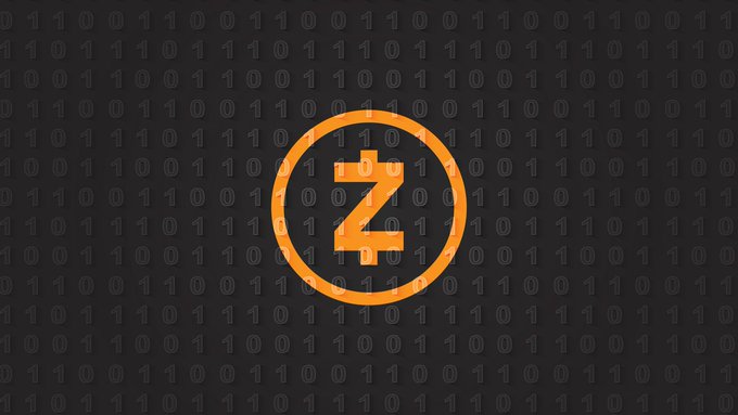 An orange Zcash (ZEC) logo encircled by a ring, set against a dark background with faint binary code patterns.