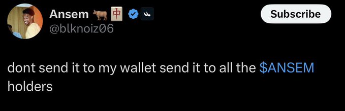The image shows a tweet from Ansem (@blknoiz06) with a profile picture of a man in a red beanie, stating: "dont send it to my wallet send it to all the $ANSEM holders." The tweet relates to a promised airdrop of $VIPERMASOL tokens (3% of supply) being distributed to $ANSEM holders, with Ansem emphasizing that the tokens should be sent to all holders rather than just himself.