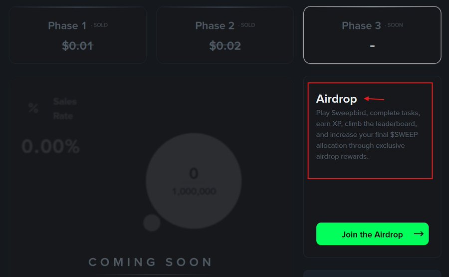A cryptocurrency website dashboard shows Phase 1 and Phase 2 sales as SOLD ($0.01 and $0.02), while Phase 3 is marked as "COMING SOON" with 0 out of 1,000,000 sold. An Airdrop section, highlighted with a red box and arrow, promotes earning XP through activities like playing Sweepbird and completing tasks to increase $SWEEP token allocation, aligning with the post about Sweep Global's community rewards campaign.