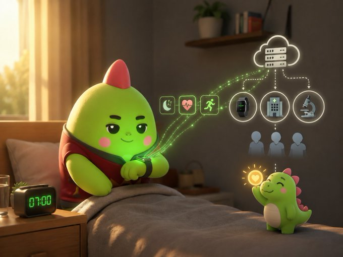 A 3D-rendered green character in a red vest checks a smartwatch on a bed at 07:00, with glowing green icons showing connections to health and smart home devices, while a small dinosaur figure holds a lightbulb nearby.