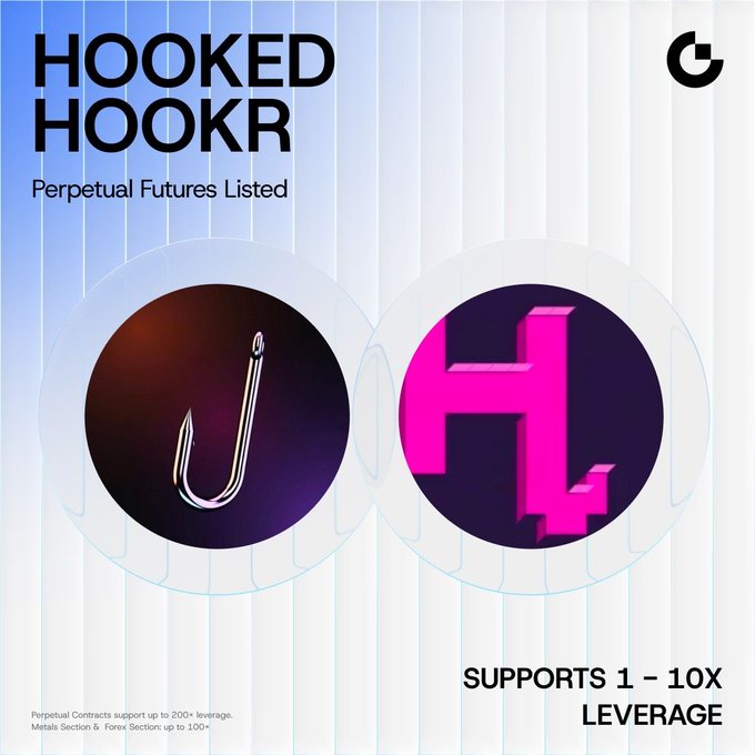Gate.io announces the listing of perpetual futures for $HOOKED and $HOOKR against USDT, with up to 10x leverage available.