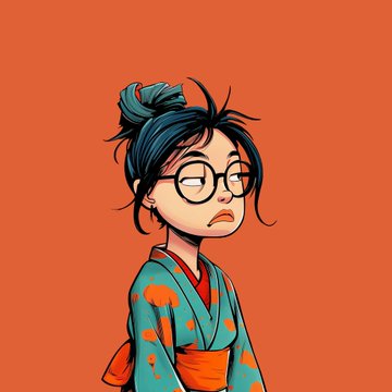 Stylized digital illustration of a young woman with dark hair in a bun, round glasses, and a teal kimono with orange floral patterns against an orange background.