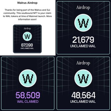 An infographic about the Walrus Airdrop showing different metrics: 87,098 unclaimed WAL, 21,679 unclaimed WAL, 58,509 WAL claimed, and 48,564 unclaimed WAL with pixelated 'W' logos.