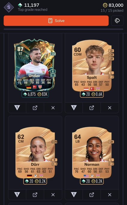 EA Sports FC Mobile Ultimate Team screen showing four player cards including an 87-rated Undav, along with stats like 11,197 top grade reached and 83,000 coins.