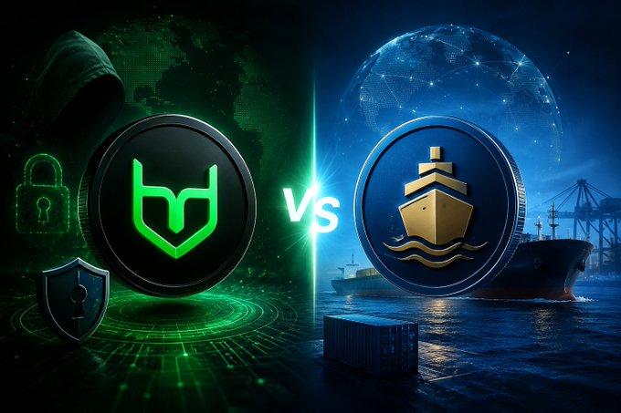 A promotional graphic showing a 'vs' comparison between two cryptocurrency coin logos - one green with security themes and one blue with shipping/maritime imagery.