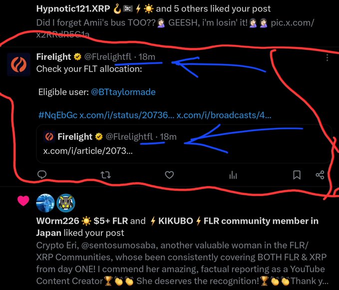 A Twitter/X screenshot showing a circled tweet from 'Firelight' (@Flrelightfl) with blue arrows pointing to check FLT allocation, referencing eligible user @BTtaylormade and a #NqEbGc link.