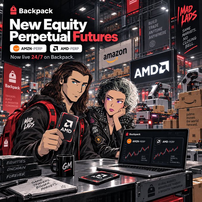 An anime-style promotional graphic for Backpack Exchange announcing the launch of new equity perpetual futures, featuring "New Equity Perpetual Futures" for AMZN-PERP and AMD-PERP available "Now live 24/7 on Backpack." The image shows two stylized characters—a man with long dark hair and a woman with silver hair—seated at a desk with a laptop displaying AMZN-PERP and AMD-PERP charts, surrounded by Amazon and AMD warehouse branding, robotics, and slogans like "Mad Lads," "Build Trade Anytime Anywhere," and "Same Markets. No Closing Bell." The illustration visually reinforces the post's message about round-the-clock trading of Amazon and AMD perpetual contracts with no closing bell, perfectly matching the "warehouse never sleeps, neither does the book" theme.