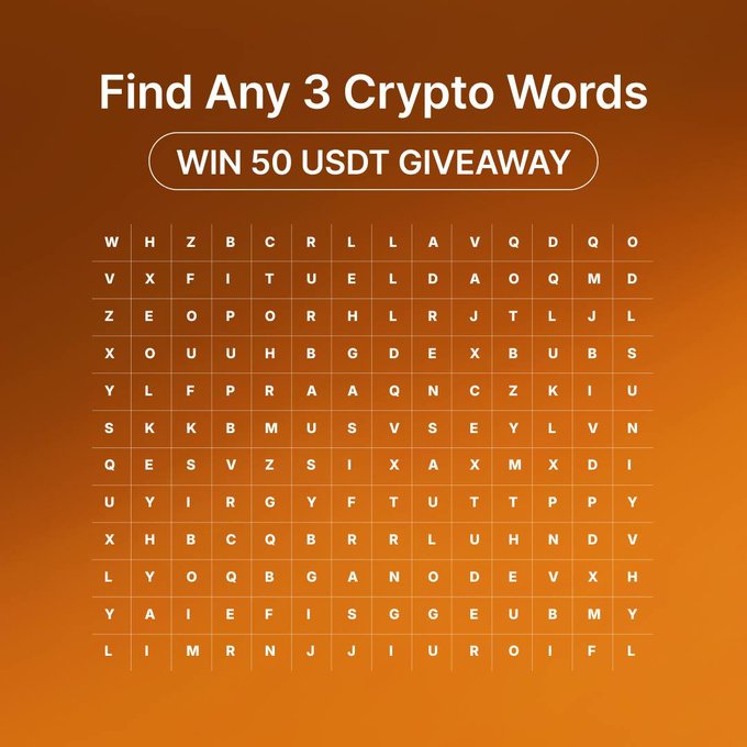 A promotional word search puzzle on an orange gradient background invites participants to "Find Any 3 Crypto Words" for a chance to win "50 USDT GIVEAWAY," with a 12x15 grid of random letters displayed below. The image ties directly to the Bybit South Asia giveaway post, which encourages followers to find three crypto-related terms, comment with their answers, and tag friends for a chance to win $50 in USDT.