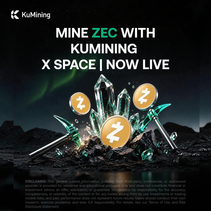 A promotional graphic from KuMining reading 'MINE ZEC WITH KUMINING X SPACE | NOW LIVE', featuring Zcash coins and green crystals with pickaxes.