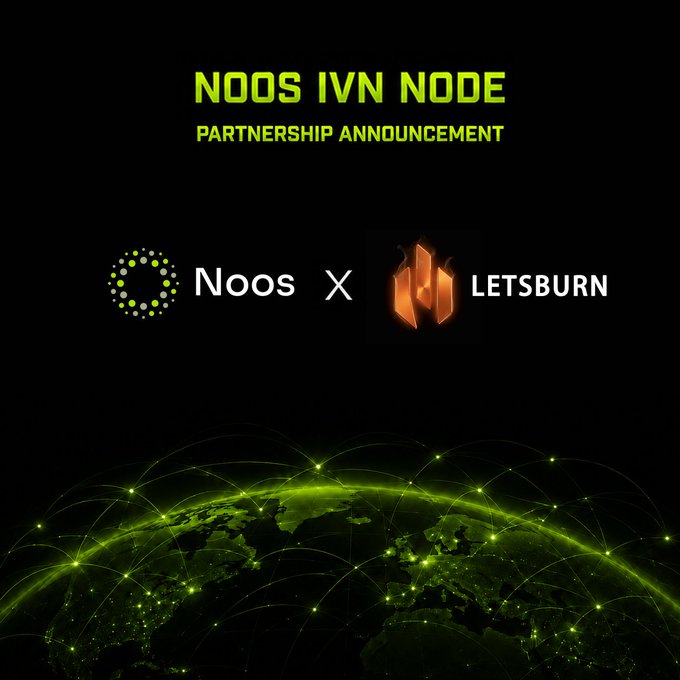 A partnership announcement graphic featuring the text "NOOS IVN NODE PARTNERSHIP ANNOUNCEMENT" alongside the Noos and LETSBURN logos, set against a stylized green globe with network connections. The image visually represents the collaboration between Noos and LETSBURN, the AI-powered fitness ecosystem recognized as a 1st Runner-Up at the Arbitrum Hackathon.