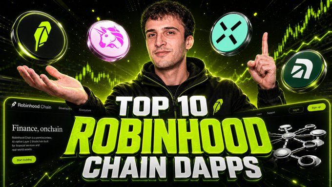 A YouTube thumbnail titled 'TOP 10 ROBINHOOD CHAIN DAPPS' showing a man pointing at floating cryptocurrency tokens with the Robinhood Chain interface displayed below.