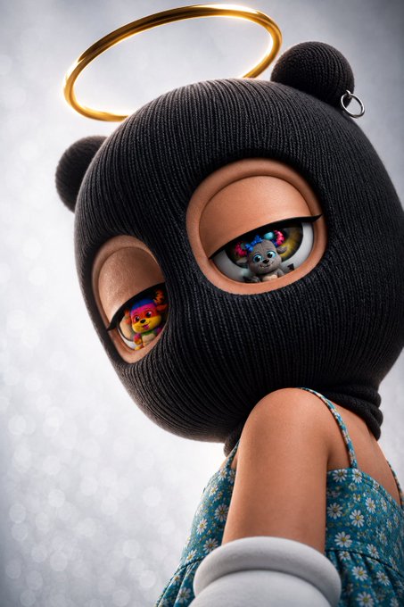 A 3D-rendered figurine wearing a black knit balaclava with bear ears and a golden halo, featuring colorful cartoon characters reflected in her eyes.